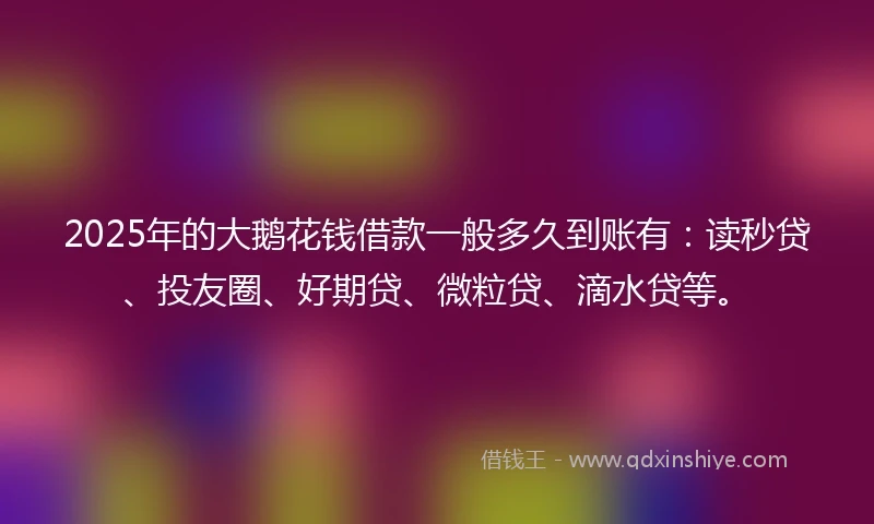 2025年的大鹅花钱借款一般多久到账有：读秒贷、投友圈、好期贷、微粒贷、滴水贷等。
