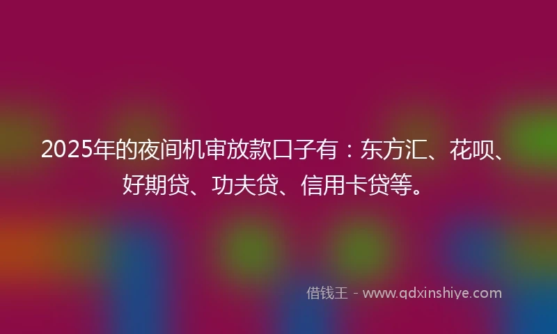 2025年的夜间机审放款口子有：东方汇、花呗、好期贷、功夫贷、信用卡贷等。
