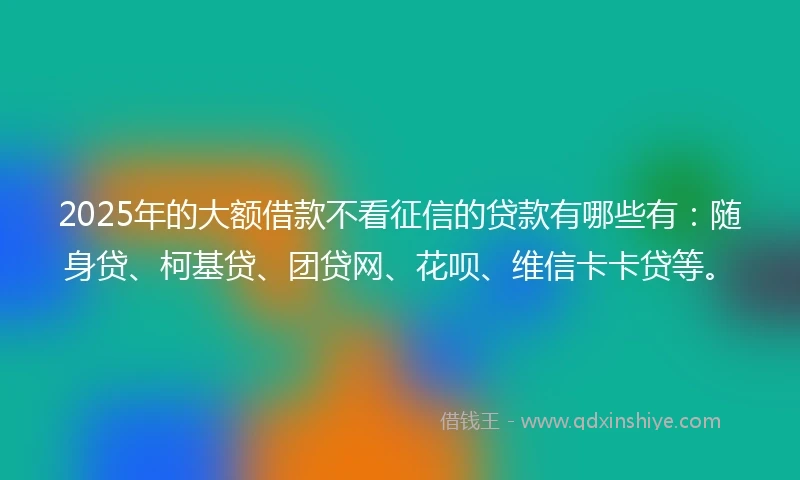 2025年的大额借款不看征信的贷款有哪些有:随身贷、柯基贷、团贷网、花呗、维信卡卡贷等。