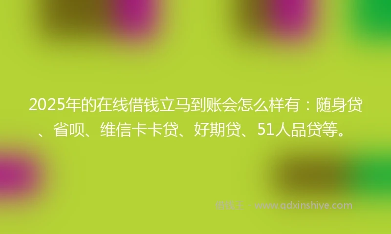 2025年的在线借钱立马到账会怎么样有：随身贷、省呗、维信卡卡贷、好期贷、51人品贷等。
