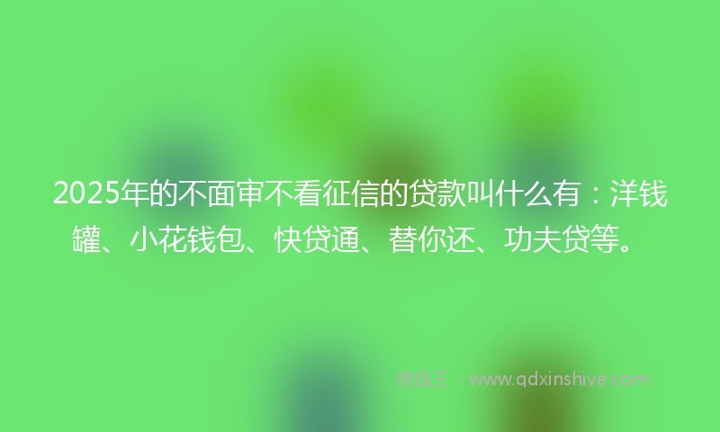 2025年的不面审不看征信的贷款叫什么有：洋钱罐、小花钱包、快贷通、替你还、功夫贷等。