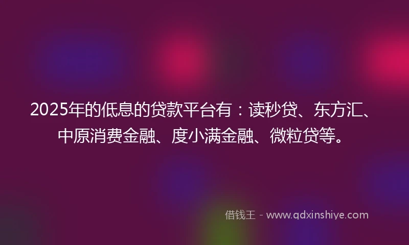 2025年的低息的贷款平台有：读秒贷、东方汇、中原消费金融、度小满金融、微粒贷等。