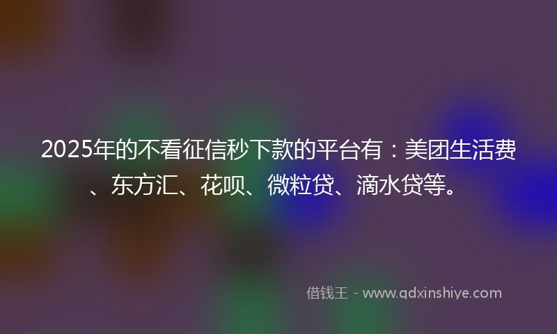 2025年的不看征信秒下款的平台有：美团生活费、东方汇、花呗、微粒贷、滴水贷等。