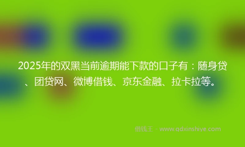 2025年的双黑当前逾期能下款的口子有：随身贷、团贷网、微博借钱、京东金融、拉卡拉等。