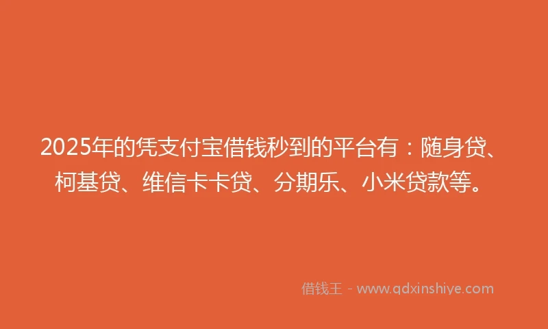 2025年的凭支付宝借钱秒到的平台有：随身贷、柯基贷、维信卡卡贷、分期乐、小米贷款等。