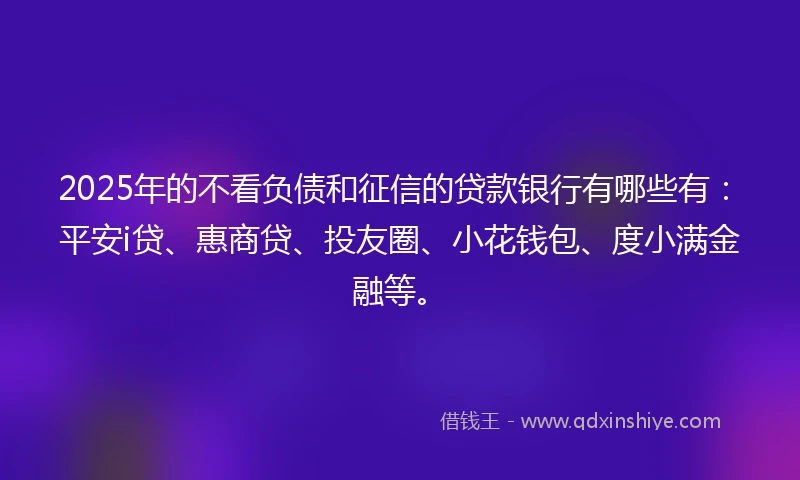 2025年的不看负债和征信的贷款银行有哪些有：平安i贷、惠商贷、投友圈、小花钱包、度小满金融等。
