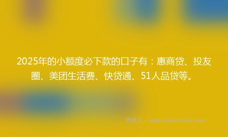 2025年的小额度必下款的口子有：惠商贷、投友圈、美团生活费、快贷通、51人品贷等。