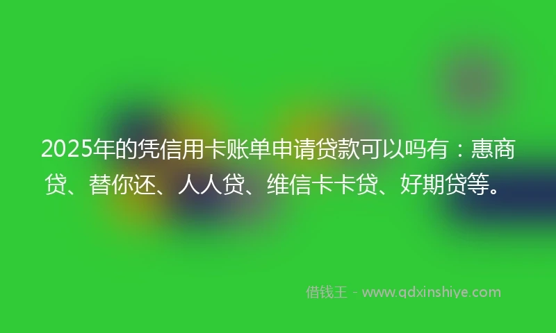 2025年的凭信用卡账单申请贷款可以吗有：惠商贷、替你还、人人贷、维信卡卡贷、好期贷等。