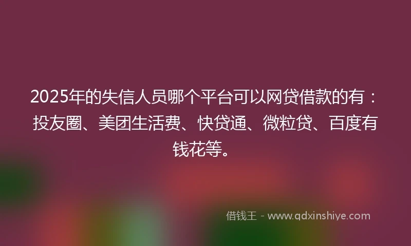 2025年的失信人员哪个平台可以网贷借款的有：投友圈、美团生活费、快贷通、微粒贷、百度有钱花等。