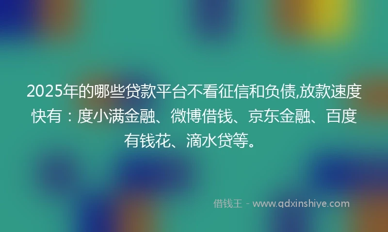 2025年的哪些贷款平台不看征信和负债,放款速度快有：度小满金融、微博借钱、京东金融、百度有钱花、滴水贷等。