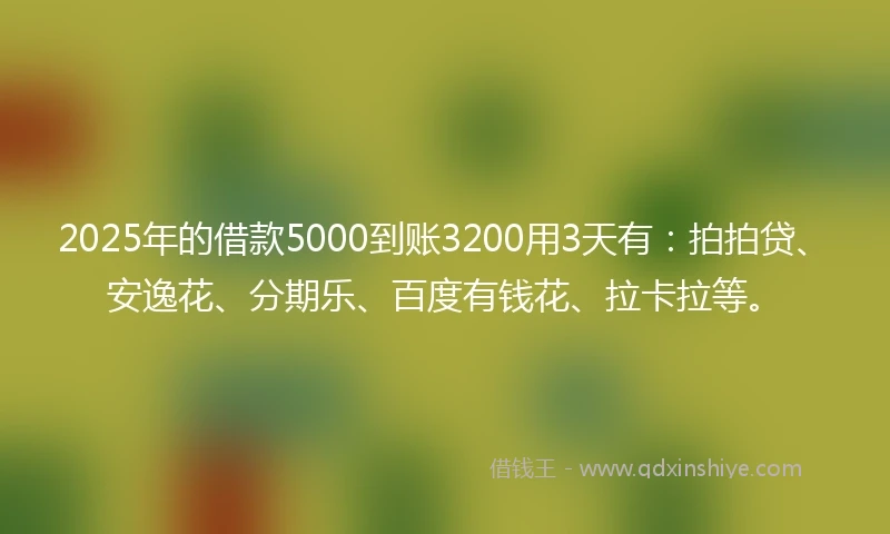 2025年的借款5000到账3200用3天有：拍拍贷、安逸花、分期乐、百度有钱花、拉卡拉等。
