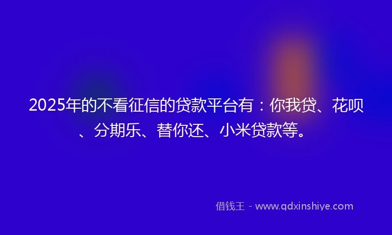 2025年的不看征信的贷款平台有：你我贷、花呗、分期乐、替你还、小米贷款等。