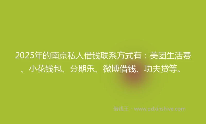2025年的南京私人借钱联系方式有：美团生活费、小花钱包、分期乐、微博借钱、功夫贷等。