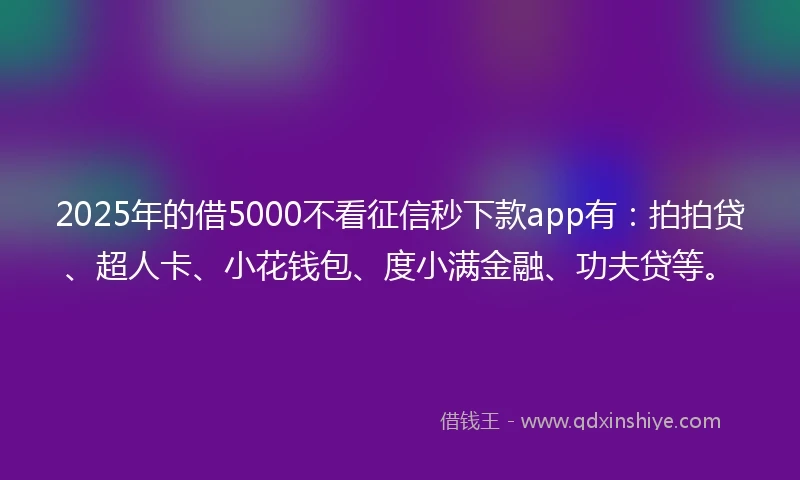 2025年的借5000不看征信秒下款app有：拍拍贷、超人卡、小花钱包、度小满金融、功夫贷等。