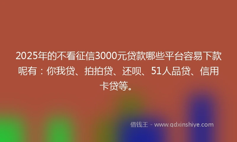 2025年的不看征信3000元贷款哪些平台容易下款呢有：你我贷、拍拍贷、还呗、51人品贷、信用卡贷等。