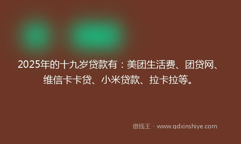 2025年的十九岁贷款有：美团生活费、团贷网、维信卡卡贷、小米贷款、拉卡拉等。