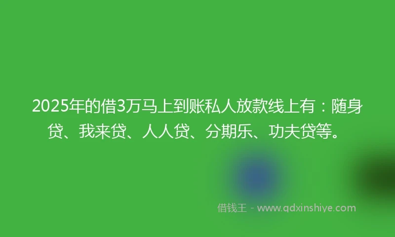 2025年的借3万马上到账私人放款线上有：随身贷、我来贷、人人贷、分期乐、功夫贷等。