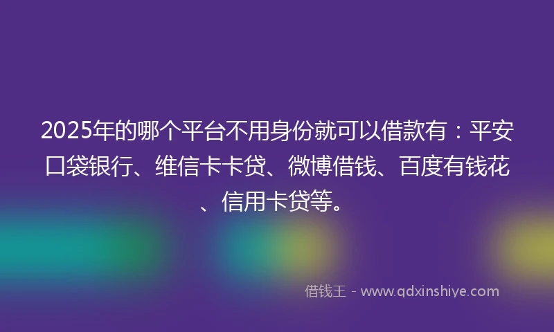 2025年的哪个平台不用身份就可以借款有：平安口袋银行、维信卡卡贷、微博借钱、百度有钱花、信用卡贷等。