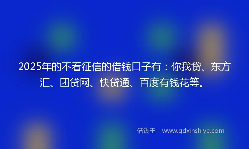 2025年的不看征信的借钱口子有：你我贷、东方汇、团贷网、快贷通、百度有钱花等。