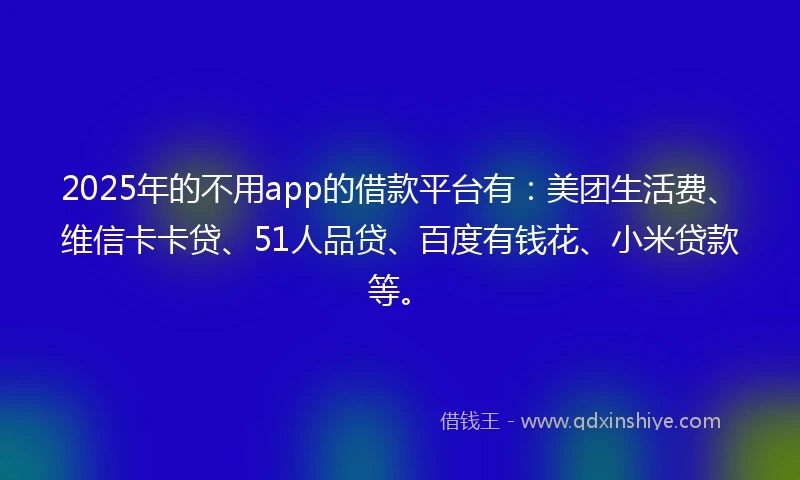 2025年的不用app的借款平台有：美团生活费、维信卡卡贷、51人品贷、百度有钱花、小米贷款等。