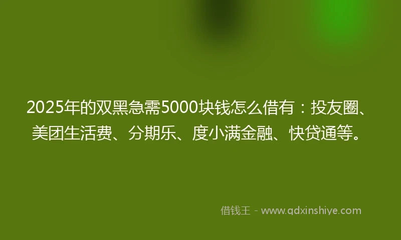 2025年的双黑急需5000块钱怎么借有：投友圈、美团生活费、分期乐、度小满金融、快贷通等。