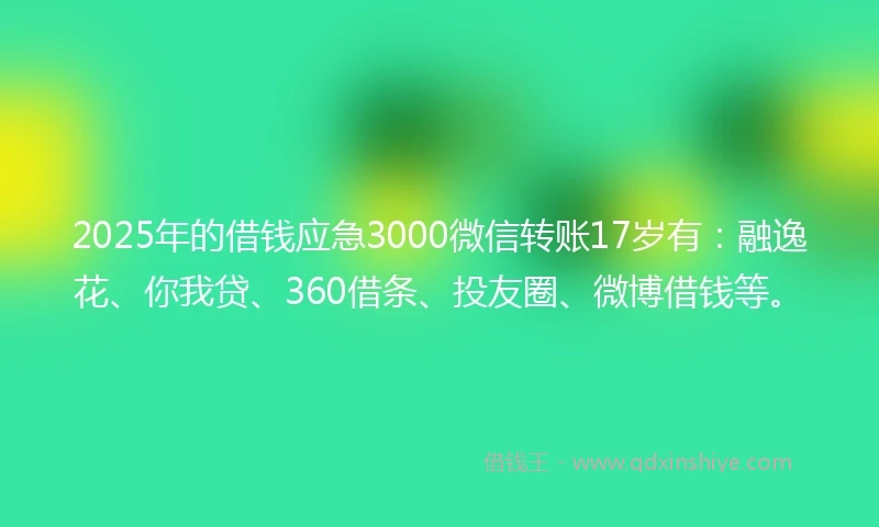 2025年的借钱应急3000微信转账17岁有：融逸花、你我贷、360借条、投友圈、微博借钱等。