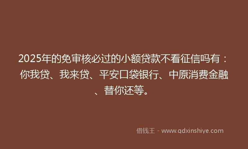 2025年的免审核必过的小额贷款不看征信吗有：你我贷、我来贷、平安口袋银行、中原消费金融、替你还等。