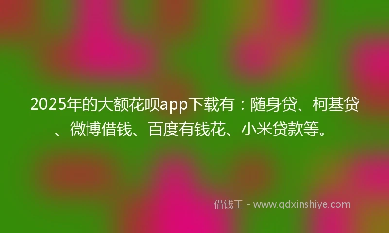 2025年的大额花呗app下载有：随身贷、柯基贷、微博借钱、百度有钱花、小米贷款等。
