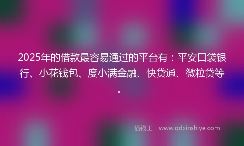2025年的借款最容易通过的平台有：平安口袋银行、小花钱包、度小满金融、快贷通、微粒贷等。