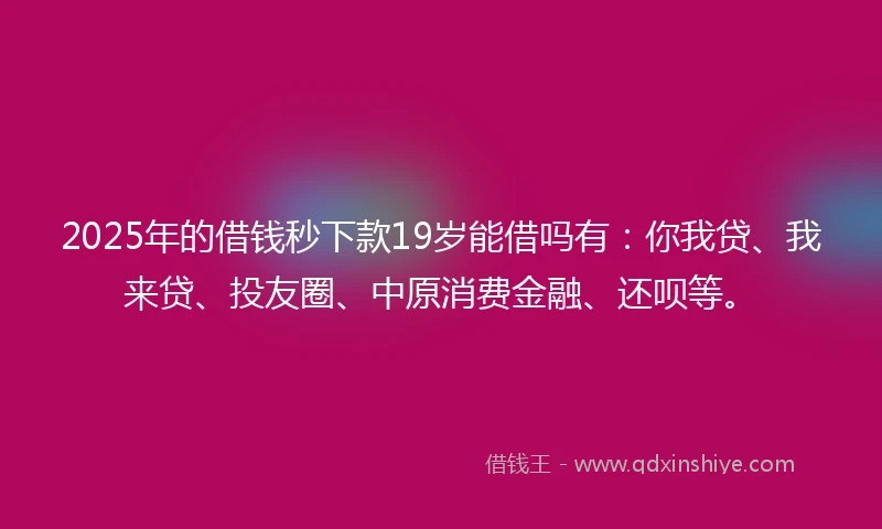 2025年的借钱秒下款19岁能借吗有：你我贷、我来贷、投友圈、中原消费金融、还呗等。