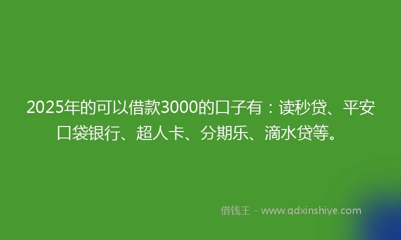 2025年的可以借款3000的口子有：读秒贷、平安口袋银行、超人卡、分期乐、滴水贷等。