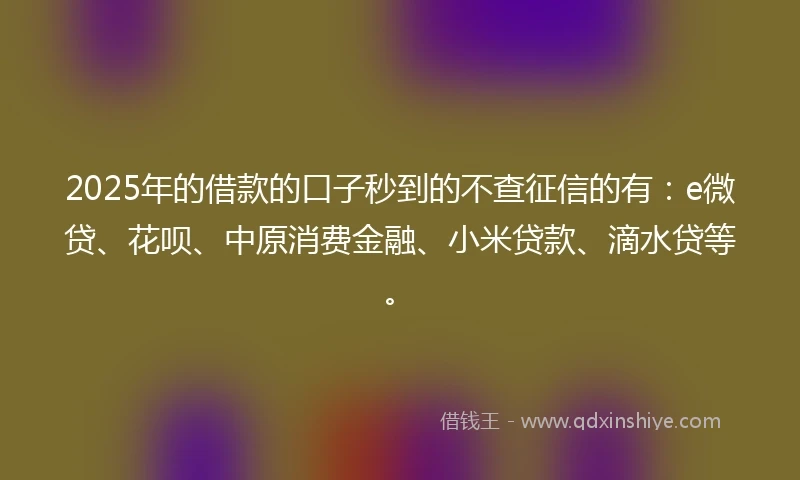 2025年的借款的口子秒到的不查征信的有：e微贷、花呗、中原消费金融、小米贷款、滴水贷等。