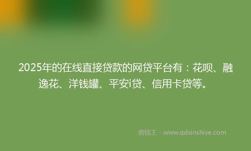 2025年的在线直接贷款的网贷平台有:花呗、融逸花、洋钱罐、平安i贷、信用卡贷等。