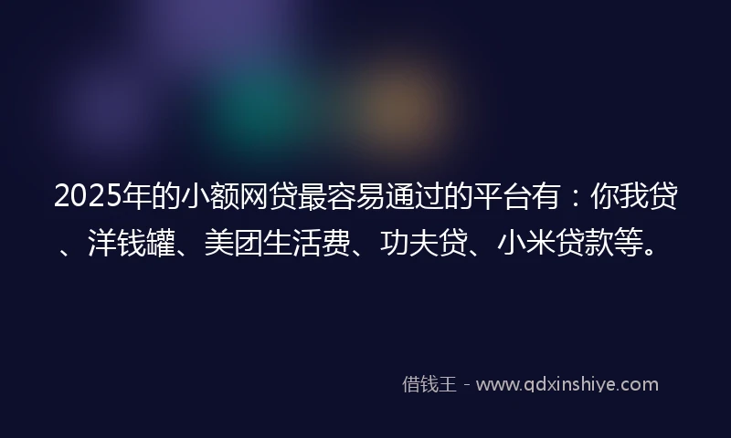 2025年的小额网贷最容易通过的平台有：你我贷、洋钱罐、美团生活费、功夫贷、小米贷款等。
