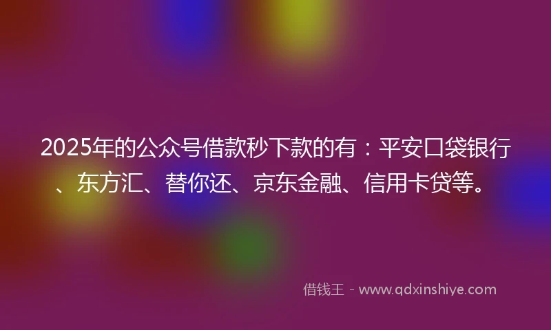 2025年的公众号借款秒下款的有：平安口袋银行、东方汇、替你还、京东金融、信用卡贷等。