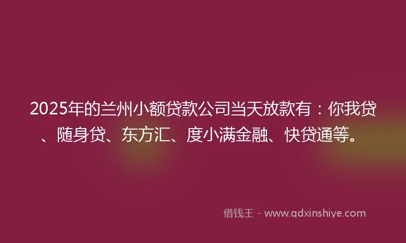 2025年的兰州小额贷款公司当天放款有：你我贷、随身贷、东方汇、度小满金融、快贷通等。