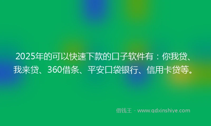 2025年的可以快速下款的口子软件有：你我贷、我来贷、360借条、平安口袋银行、信用卡贷等。