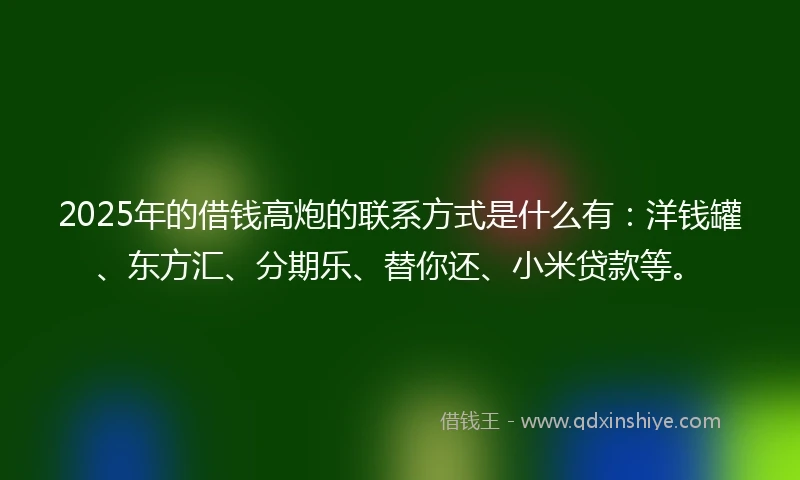 2025年的借钱高炮的联系方式是什么有：洋钱罐、东方汇、分期乐、替你还、小米贷款等。