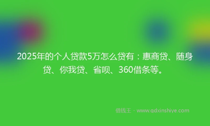 2025年的个人贷款5万怎么贷有：惠商贷、随身贷、你我贷、省呗、360借条等。