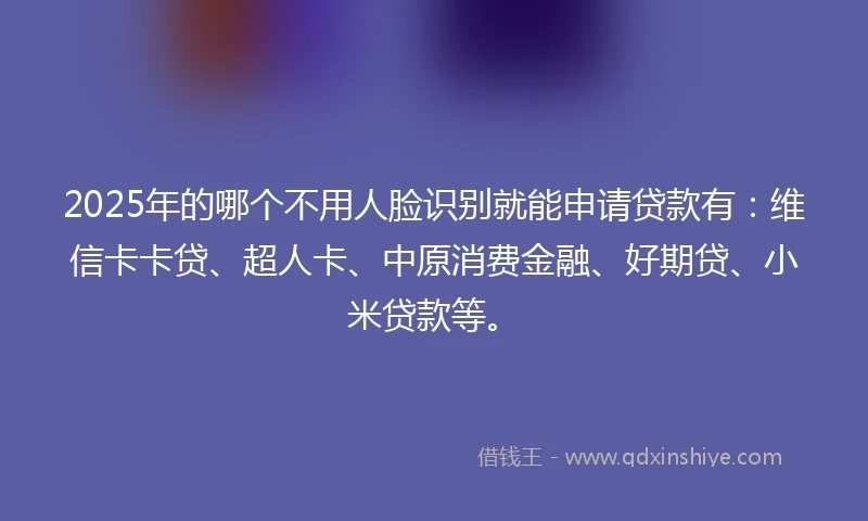 2025年的哪个不用人脸识别就能申请贷款有：维信卡卡贷、超人卡、中原消费金融、好期贷、小米贷款等。