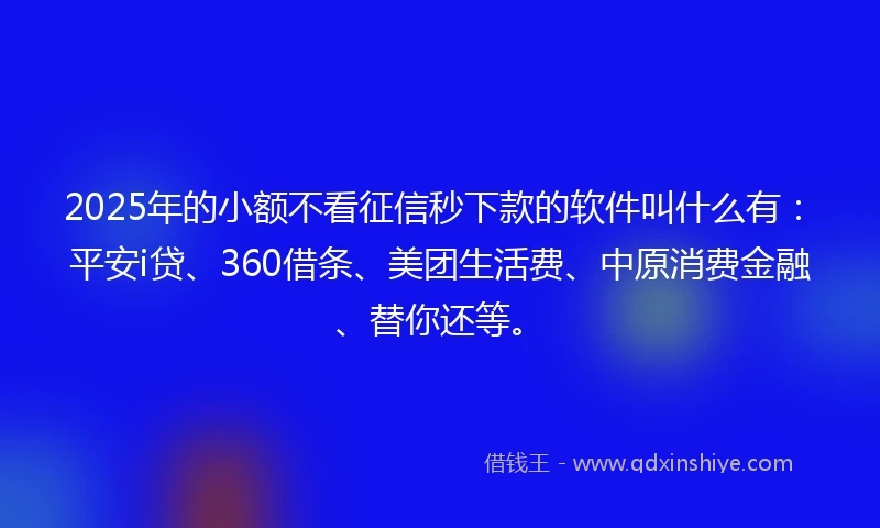 2025年的小额不看征信秒下款的软件叫什么有：平安i贷、360借条、美团生活费、中原消费金融、替你还等。