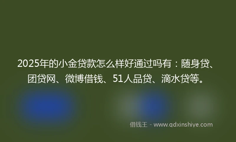 2025年的小金贷款怎么样好通过吗有：随身贷、团贷网、微博借钱、51人品贷、滴水贷等。