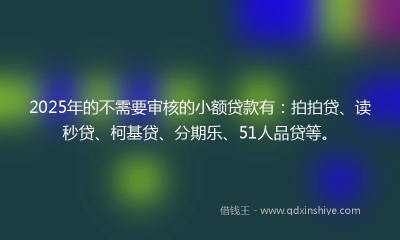 2025年的不需要审核的小额贷款有：拍拍贷、读秒贷、柯基贷、分期乐、51人品贷等。