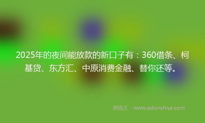 2025年的夜间能放款的新口子有：360借条、柯基贷、东方汇、中原消费金融、替你还等。