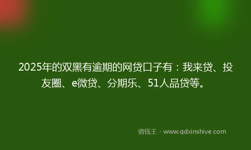 2025年的双黑有逾期的网贷口子有：我来贷、投友圈、e微贷、分期乐、51人品贷等。