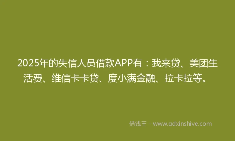 2025年的失信人员借款APP有：我来贷、美团生活费、维信卡卡贷、度小满金融、拉卡拉等。