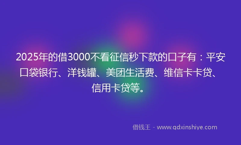2025年的借3000不看征信秒下款的口子有：平安口袋银行、洋钱罐、美团生活费、维信卡卡贷、信用卡贷等。