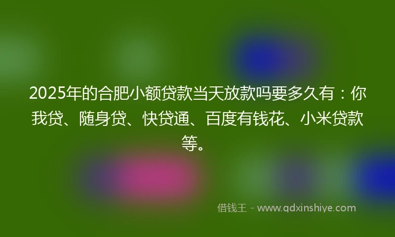 2025年的合肥小额贷款当天放款吗要多久有：你我贷、随身贷、快贷通、百度有钱花、小米贷款等。