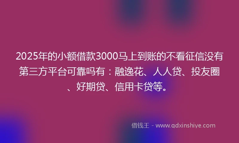 2025年的小额借款3000马上到账的不看征信没有第三方平台可靠吗有：融逸花、人人贷、投友圈、好期贷、信用卡贷等。