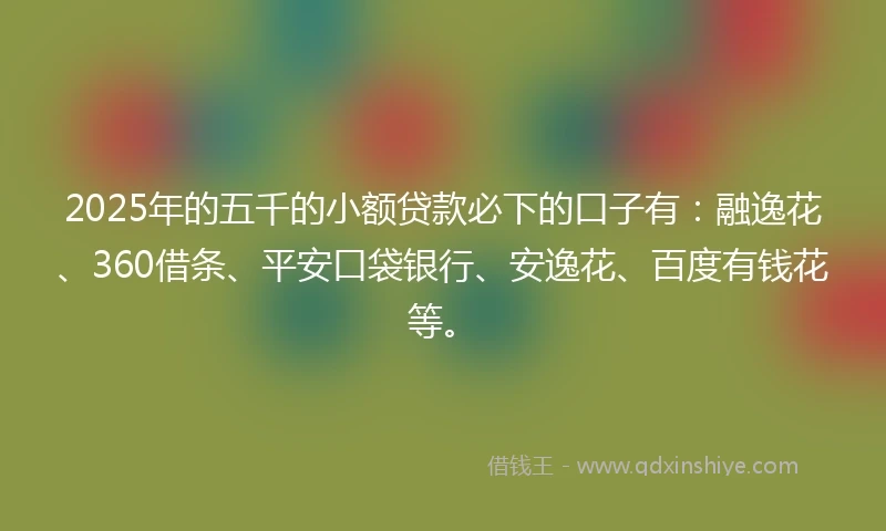 2025年的五千的小额贷款必下的口子有：融逸花、360借条、平安口袋银行、安逸花、百度有钱花等。